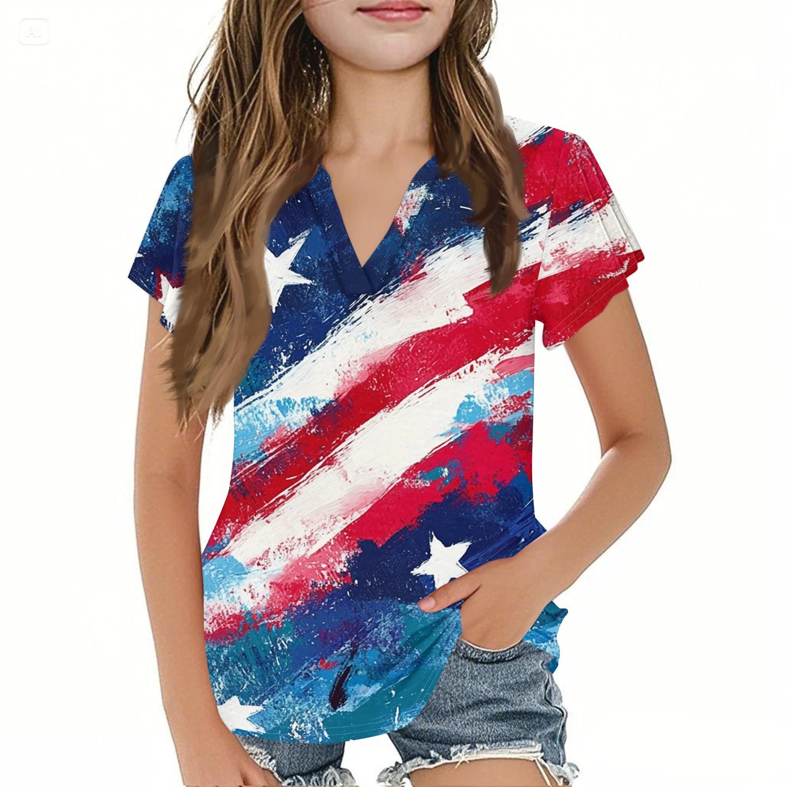 

Summer Children s Casual Fashion Short-Sleeved V-Neck Independence Day Girls Top 110 синий