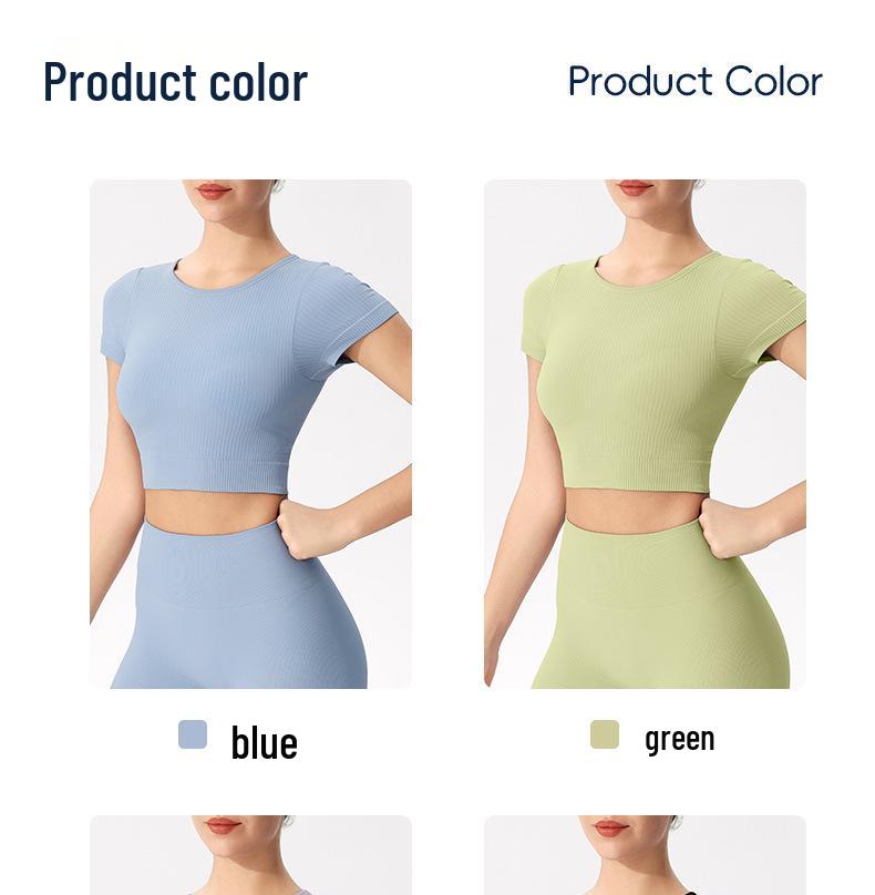 Seamless Women's Fitness Top with Built-in Chest Pad - Nude Feel Short Sleeve for Yoga & Running