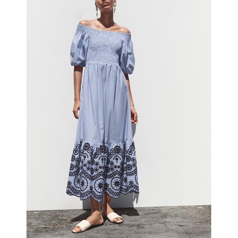 Summer Women Clothes Honeycomb Lattice Elastic Design Embroidery Stripe off-the-Shoulder Straight Collar Midi Dress 3295889