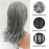 Silvery Gray Ombre Layered Wigs with Curtain Bangs for Women Synthetic Short Light Grey Wig Layered Gray Wavy Bob Wig Highlight
