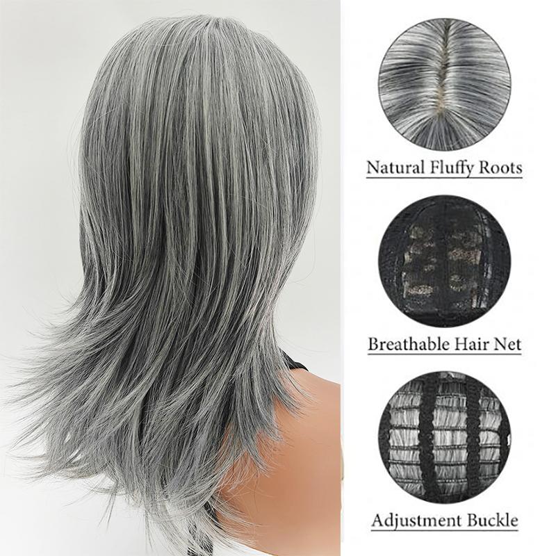 Silvery Gray Ombre Layered Wigs with Curtain Bangs for Women Synthetic Short Light Grey Wig Layered Gray Wavy Bob Wig Highlight