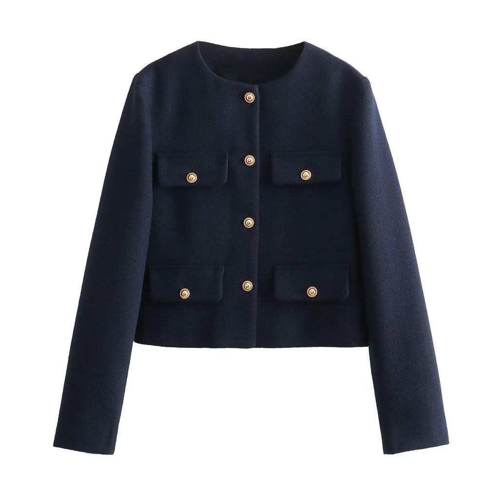 European and American Style Round Neck Short Fashion Coat with Button Accents - Autumn Collection