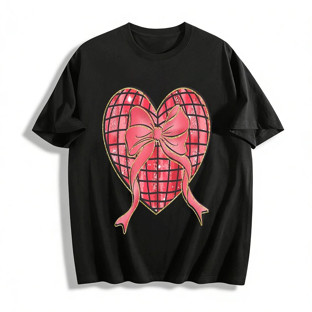 Retro Disco Heart Bow Print Casual Top Pure cotton T-shirt XXS