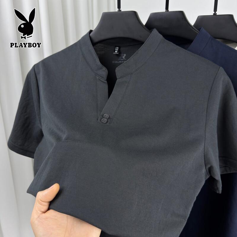 PLAYBOY Men s V-Neck Cotton-Linen Blend Short Sleeve T-Shirt XL