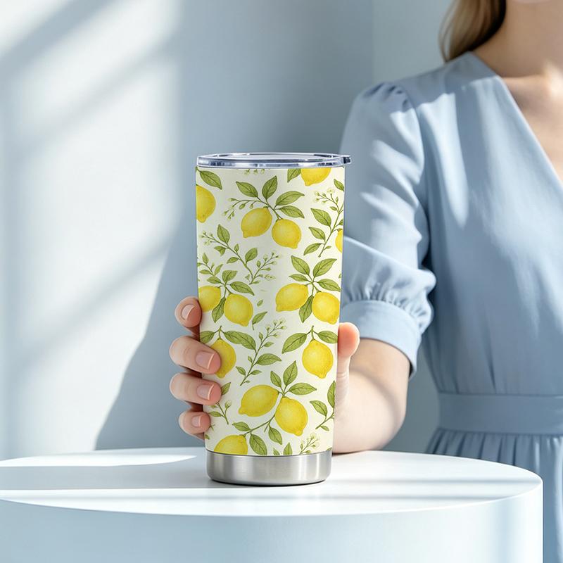 Car Tumbler 591ml(1 Random Straw Included)Lemon Leaf MotifStraight Travel Mug Commuter Cup Vacuum Insulated Cup