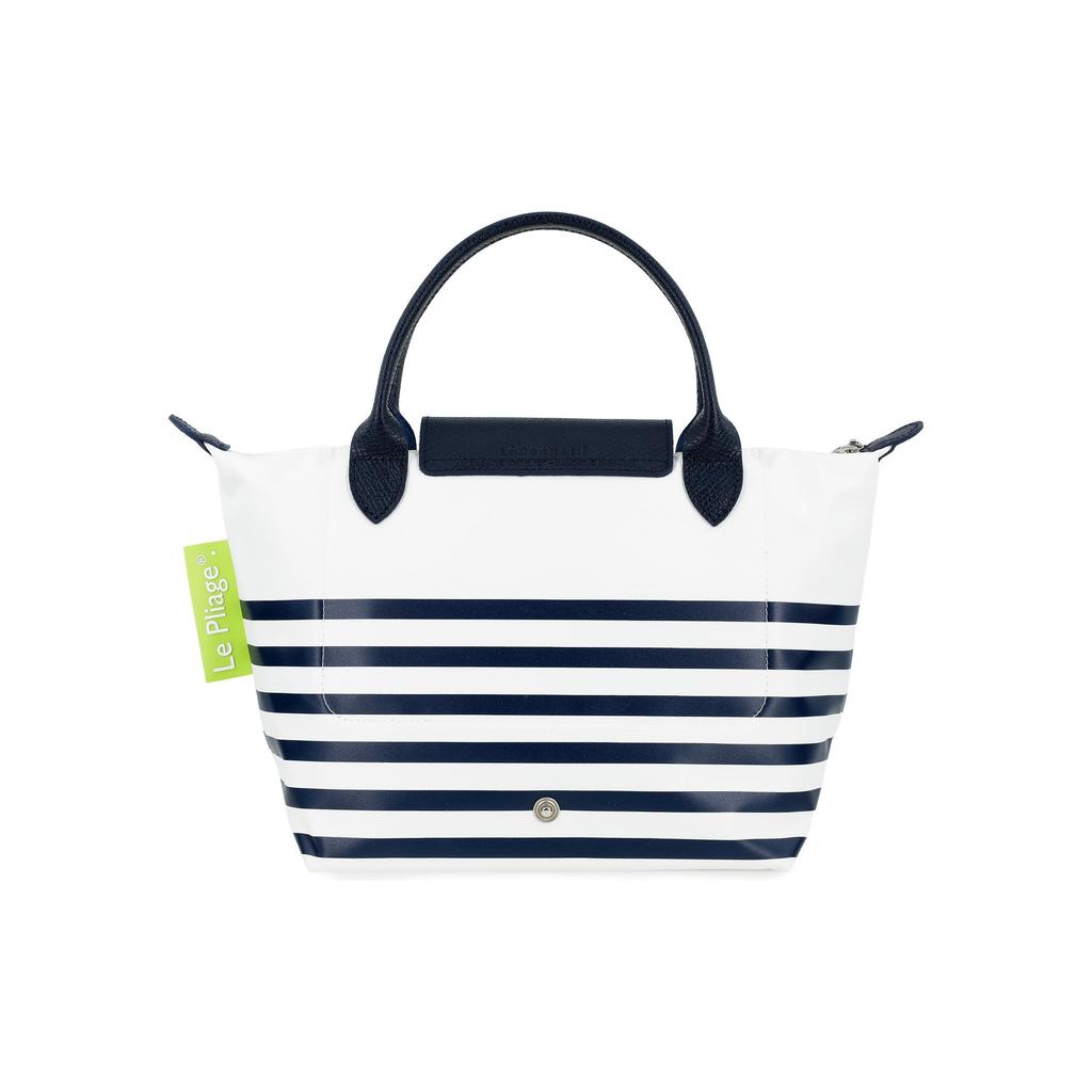 Longchamp Le Pliage 23 Striped Snap Zipper Closure Short Handle Canvas And Leather Dumpling Tote Bag Small Women Tote Bags Navy-Blue White 1621HDF165