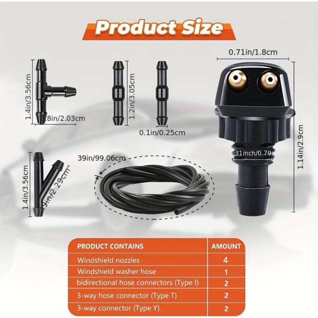 Windshield Washer Nozzle Kit with 6-Connector Set & 4 Dual-Hole Spray Patterns - Durable, Easy Install, Fits Most Vehicles