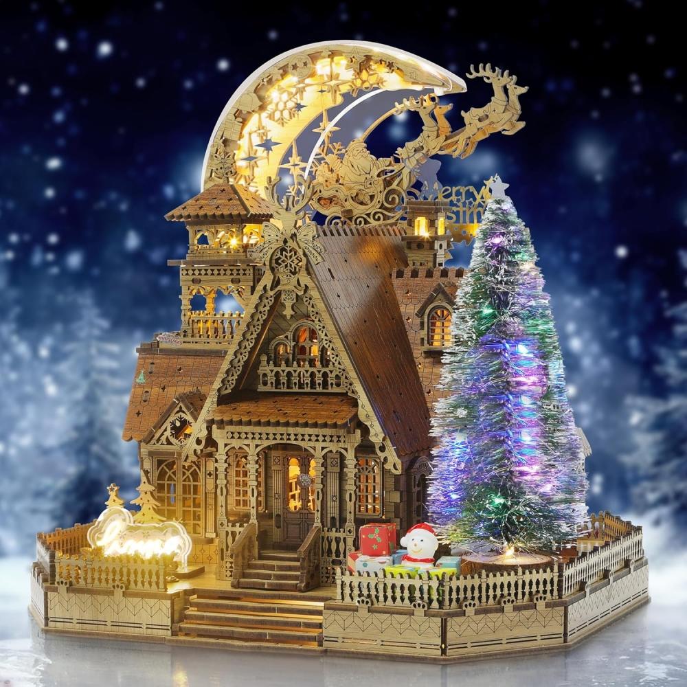 Funpola 3D деревянная головоломка Рождественский мини-домик DIY миниатюрный строительный набор со светодиодами