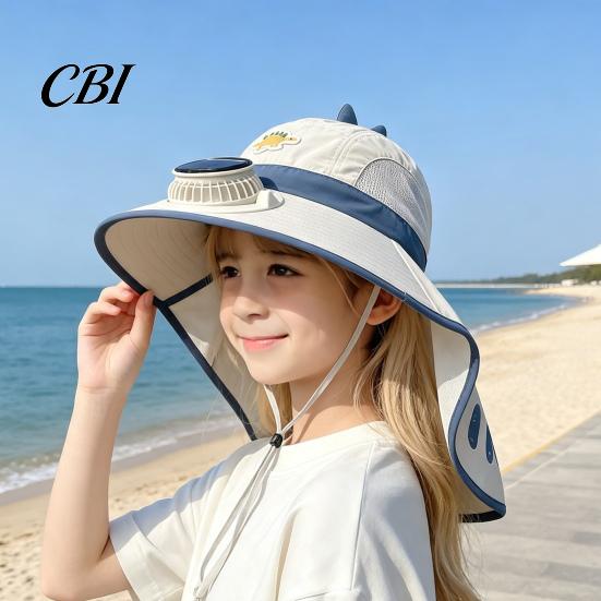 Dinosaur Fishing Hat for Kids Sun with Solar Fan, Wide Brim UV Protection Beach Babies Neck Flap, Summer Cap Boys Girls Camping