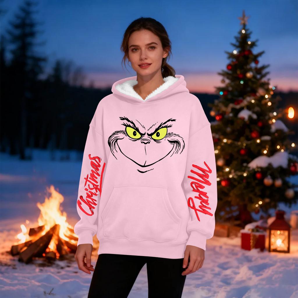 Women's Casual Fashion Plus Velvet Thickened Christmas Print Hooded Sweatshirt