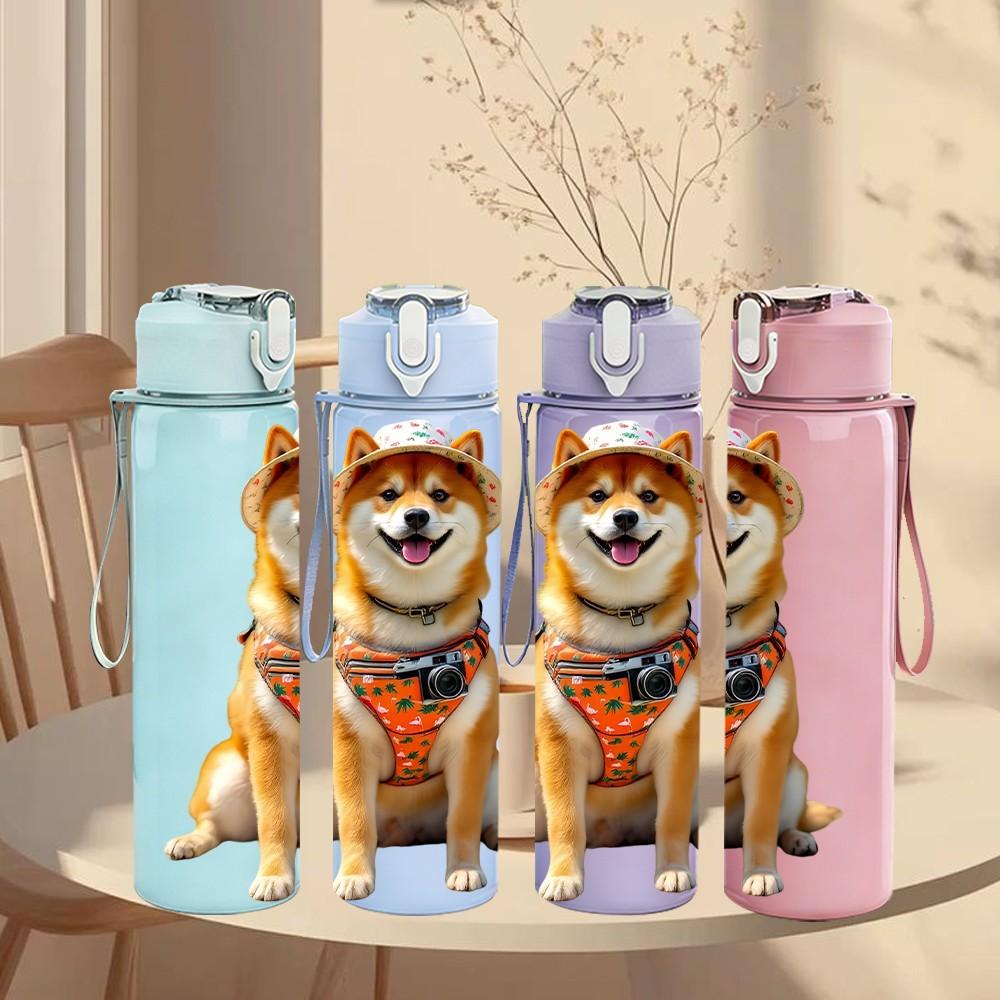 1PC Shiba Inu Dog Print 750ml Color Plastic Sports Water Bottle Leakproof Flip Straw Lid Suitable for Sports Office Home Use