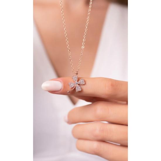 Clover Motif Stone 14k Rose Gold Plated Women's Necklace