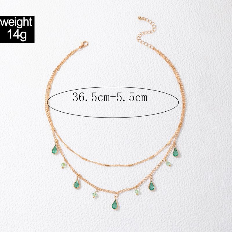 Simple and Stylish Green Diamond-encrusted Water Drop Necklace Alloy Chain Water Diamond Neck Chain