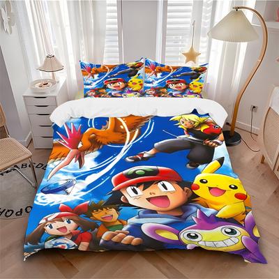 Pokémon Abenteuer Druck 3-teiliges Bettwäsche-Set Bettbezug mit 2 Bettbezügen Kissenbezug Zuhause Geburtstagsgeschenk