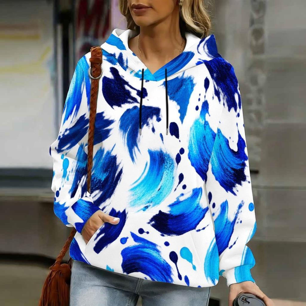 Women Plus Size Beige Pink Printed Long Sleeve Drawstring Hoodie Kangaroo Pocket Sweatshirt