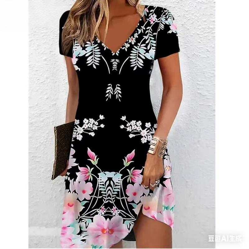Zomerse Bloemen Damesjurk Mode Casual Boho Strand Zomerjurk Korte Mouw V-hals Sexy 3D Print Losse A-lijn Jurk Femme Vestidos
