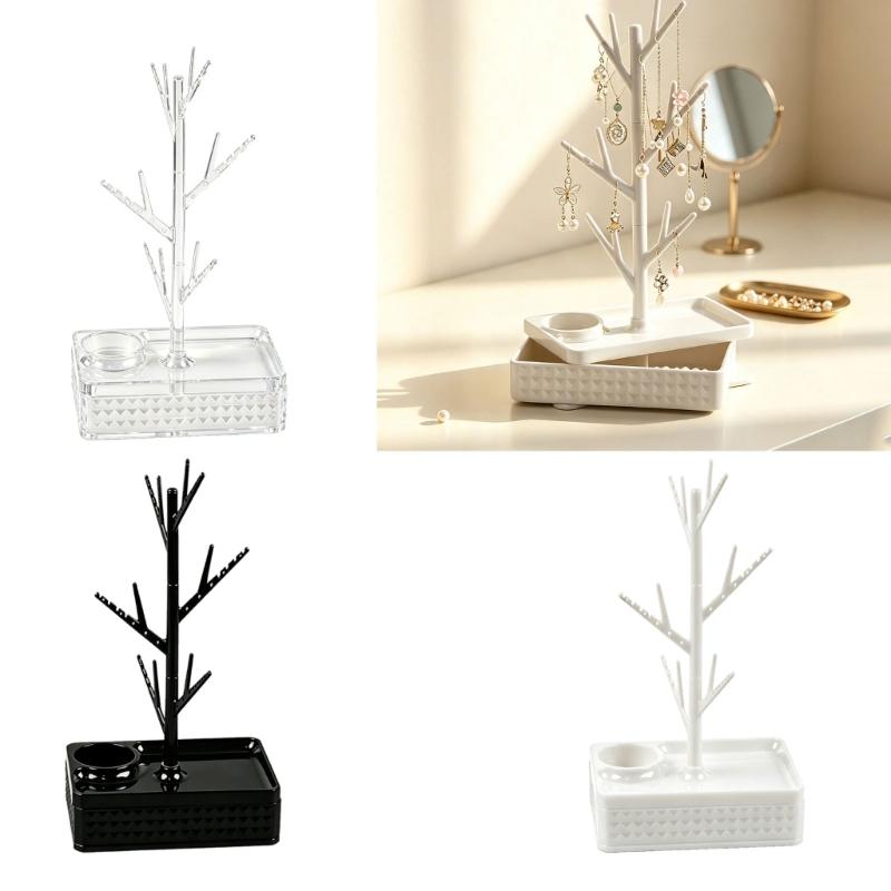 Tree Jewelry Stand for Dresser Storage with Rotating Branch Display and Bottom Tray, Daily Necklace Bracelet Holder