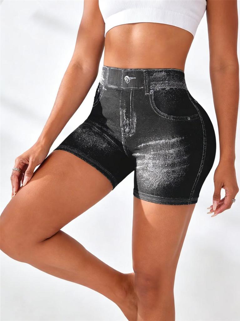 High-Waisted Butt-Lifting Faux Denim Yoga Shorts for Women - Tight, Quick-Dry, Summer Fitness Wear