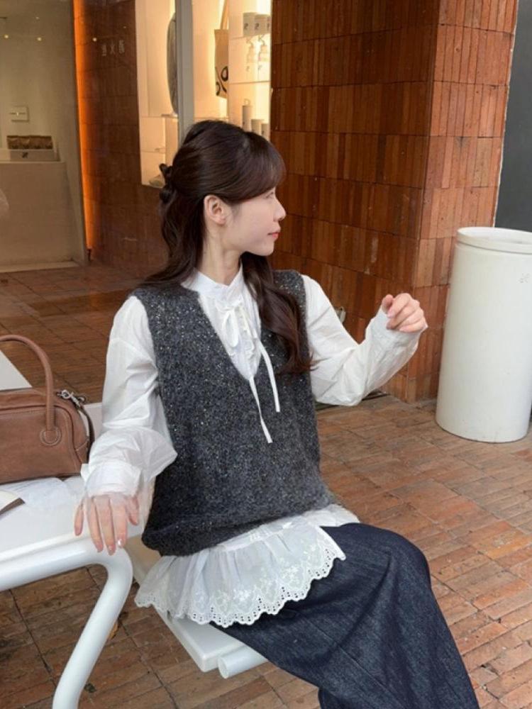 Autumn Lace Patchwork Tie-Up Stand Collar Long Sleeve Shirt for Women