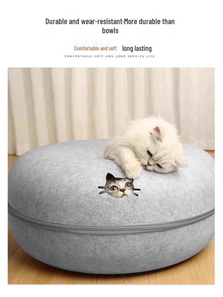 Four Seasons Cat & Dog Felt Tunnel Bed - Cozy Winter Nest & Play Donut