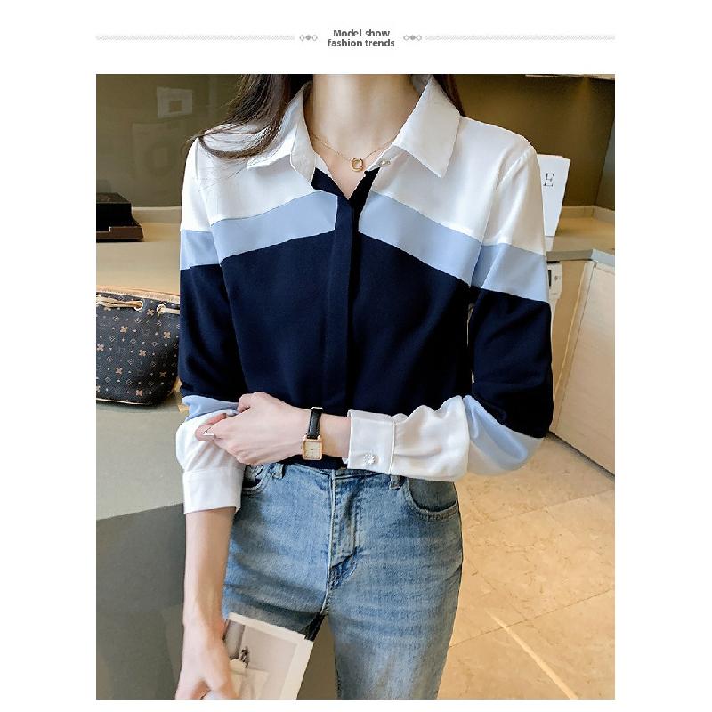 2026 Spring New Women's Turn-down Collar Contrast Color Slim Fit Long Sleeve Casual Striped Shirt