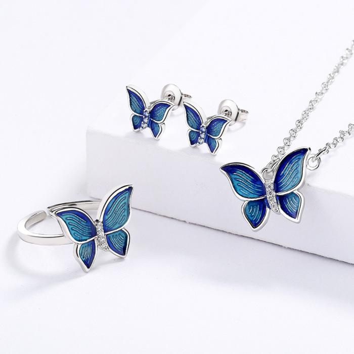 Three-Piece Creative Hipster Butterfly Wings Enamel Accessories Women'S Set Necklace Jewelry Animal