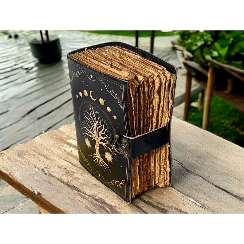 400 Page Large Grimoire Leather Journal, Print Tree of Life Journal, Blank Spell Book Book of Shadows Leather Celestial Gifts For Him Her