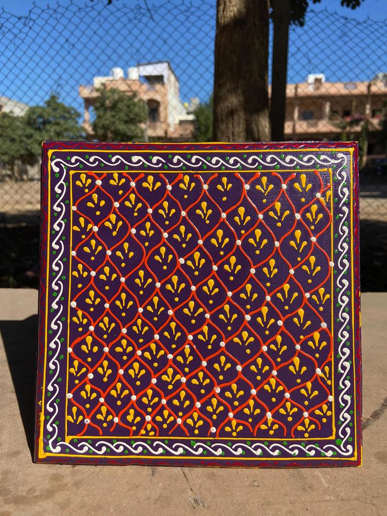 Handmade Colorful Wooden Chowki: Embossed Floral Indian Stool