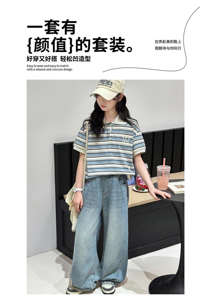 Girls' short sleeved polo shirt summer set, new summer outfit, children's women's clothing, student jeans two-piece set