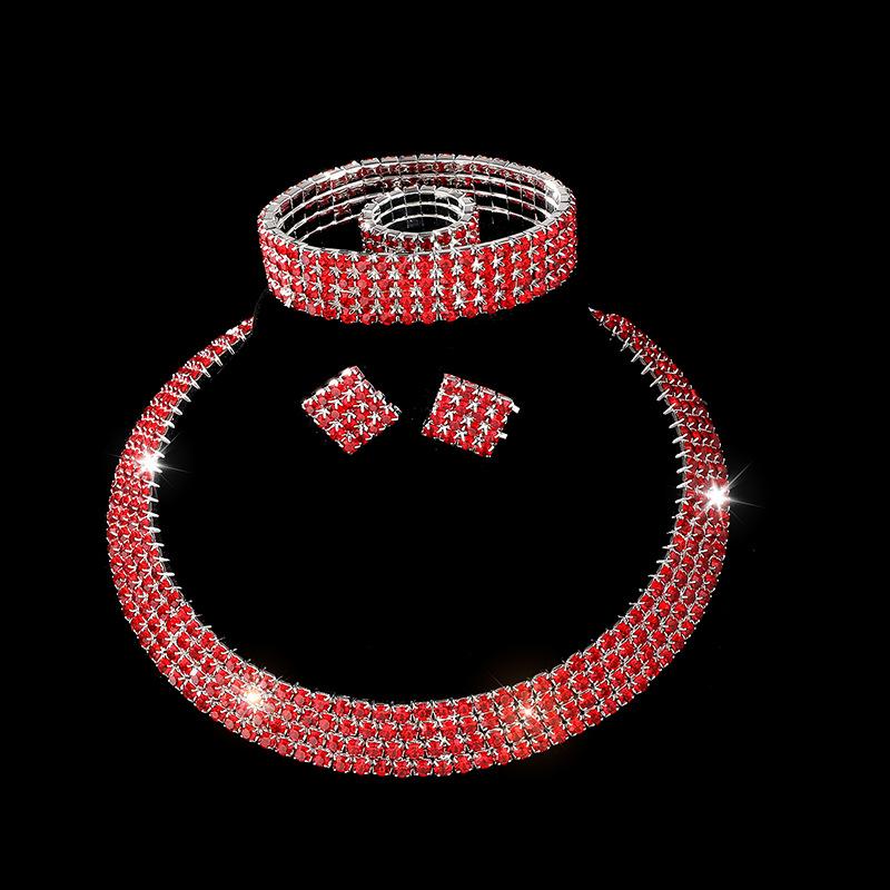 Diamond Necklace Earrings Ring Bracelet Four-Piece Set, Bridal Rhinestone Jewelry Set Ornament