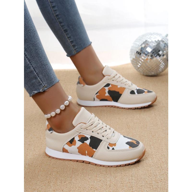 Leopard Print Casual Single Shoes Round Toe Platform Color-Block Low Top Sneakers