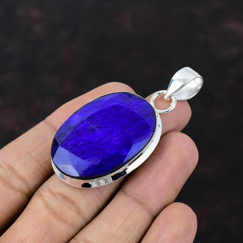 Faceted Blue Sapphire Pendant Original Gemstone Pendant 925 Sterling Silver Pendant Handmade Blue Sapphire Jewelry Designer Pendant For Gift
