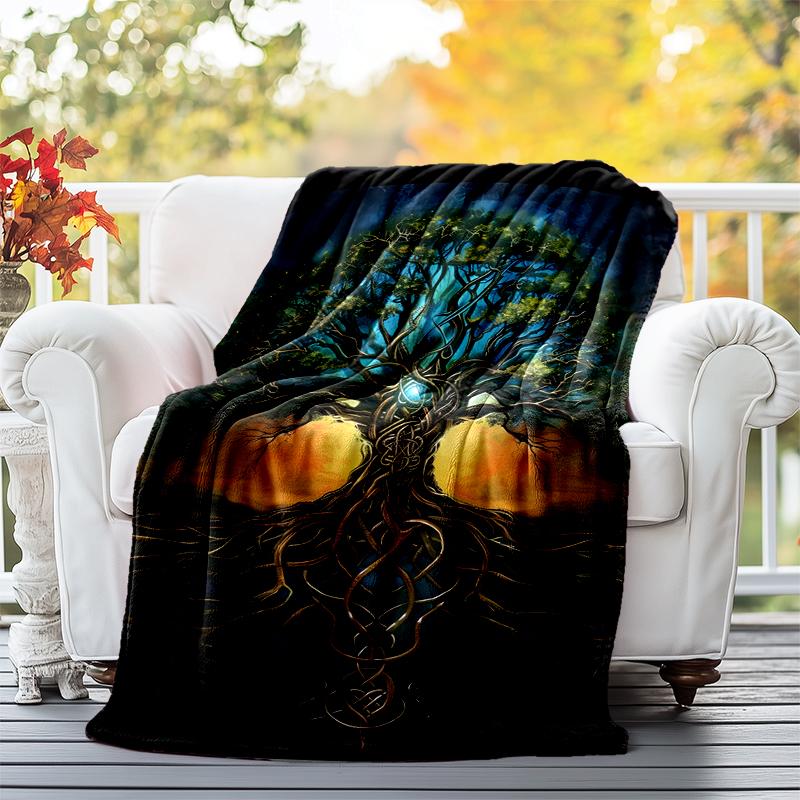 Viking Runes & Tree of Life Flannel Blanket Soft All-Season Throw, Design for Camping, Car Travel, Hiking Sofa, Bed, Office Perfect Gift for Parties