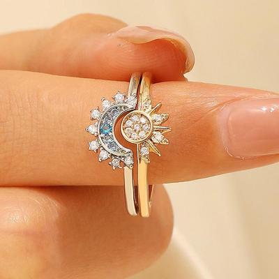 Set di Anelli Impilabili da Coppia Diamantati Cielo Blu Sole e Luna