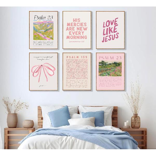 6Pcs Christian Wall Art Pink Bible Verse Canvas Bow Paintings Cute Preppy Posters Coquette Aesthetic Prints Trendy Scripture Jesus Picture Wall Decor