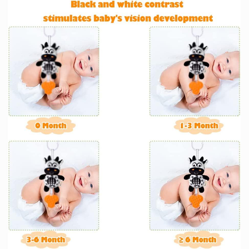 3 Pack Hanging Rattle Toys,Cartoon White Black Stuffed Stroller Plush Toys for Newborn 0-18 Month Baby Bed Crib Toys with Wind Chimes (Zebra,Deer&Cow)