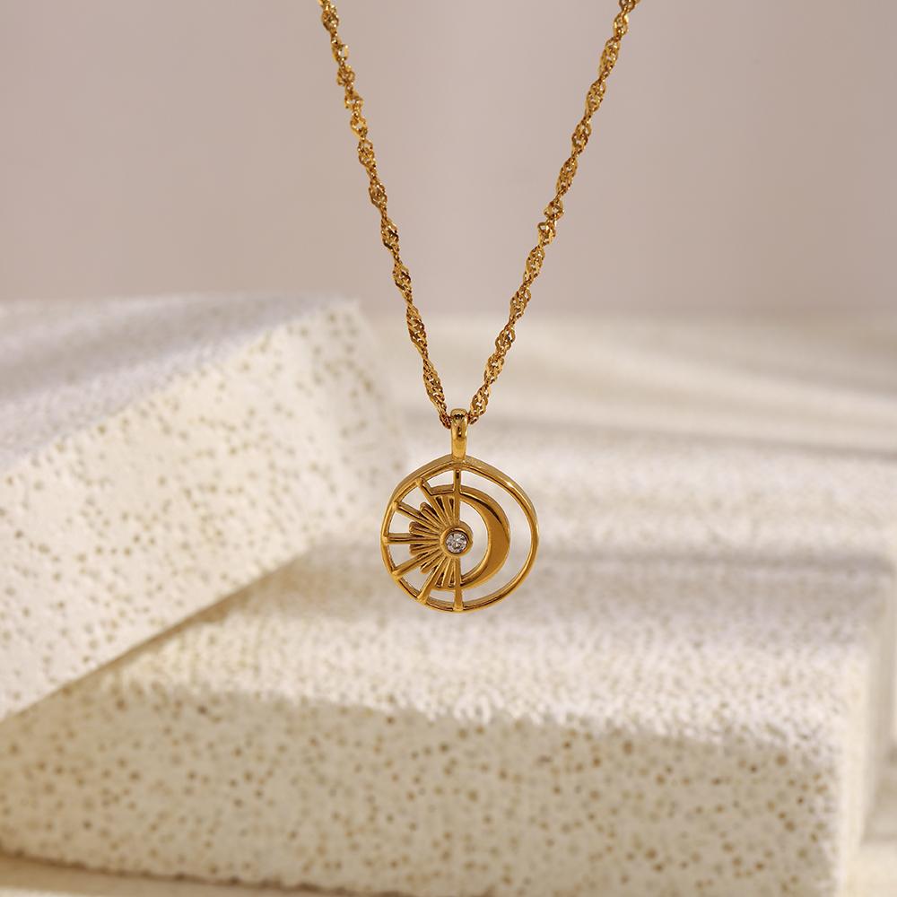 MamacitaSlay 316L Stainless Steel Zircon Sun Moon Necklace 18K Gold Plated Waterproof Neck Jewelry Women's Creative Necklace