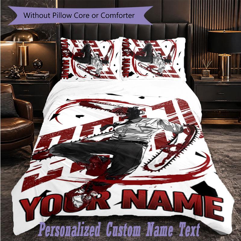 Personalized 3Pcs Bedding SetChainsaw Man Custom Text Duvet Cover Pillowcase Set Bedroom Gift