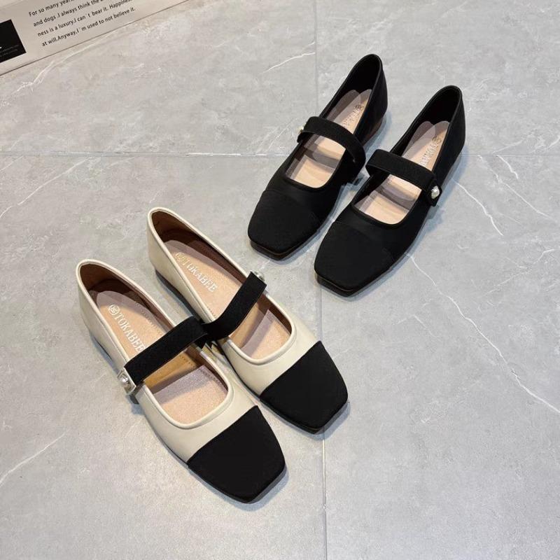 Fashion New Women's Flats Black Toe Mary Janes Shoes Pearl Buckle Patchwork Leather Shoes Mixed Color Slip on Flat Shoes Spring