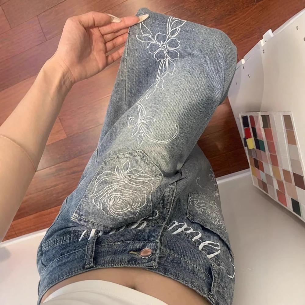 Women's High Waist Wide Leg Jeans Floral Embroidery Vintage Washed Non Stretch Floor Length Loose Denim Trousers For Spring