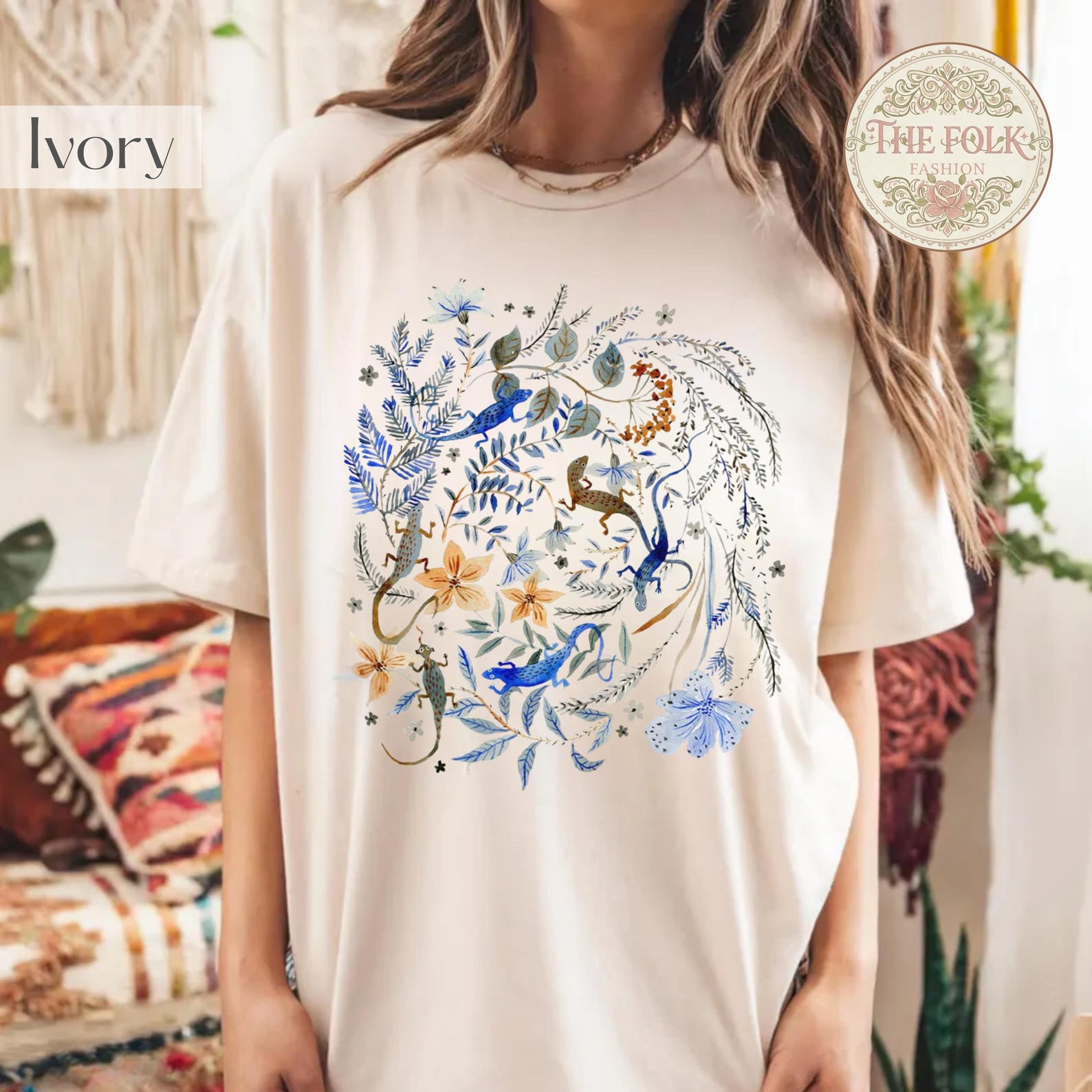 Vintage Lizard Folk Art Shirt, Aesthetic Reptile Garden Tee, Goblincore Nature Lover Gift, Retro Botanical Lizard Tshirt, Comfort Colors Top 2XL
