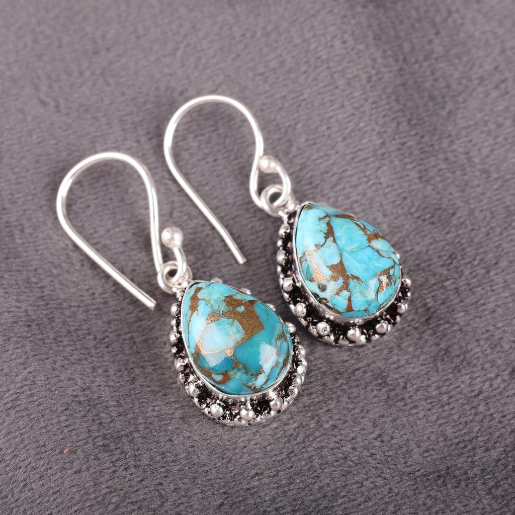 Piatră prețioasă Turcoaz Albastru Cupru Bijuterii Argint Sterling 925 Cercei Atârnători 1,41" EE-97-37