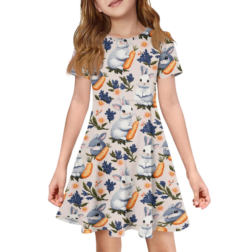 Girl Summer Dress Color & Print Short Sleeve Dress With Pocket Casual Dress Shorts Sleeve Party Dress Easter Day