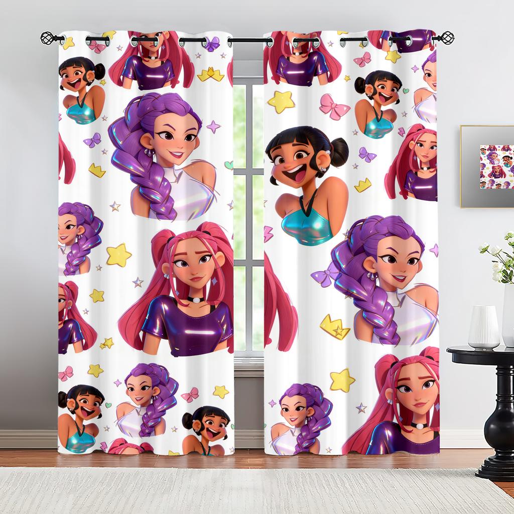 2pcs Kpop Anime Girls Curtains Cute Idol Group Print Blackout Curtains Orange Background Window Drapes For Teens Bedroom Dec