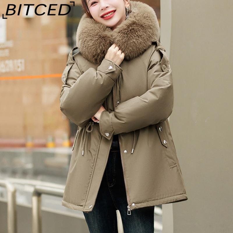 BITCED Fleece-Lined Thickened Down-Filled Cotton Coat for Women - Short Style Autumn/Winter Waist-Defining Design with Large Fur Collar