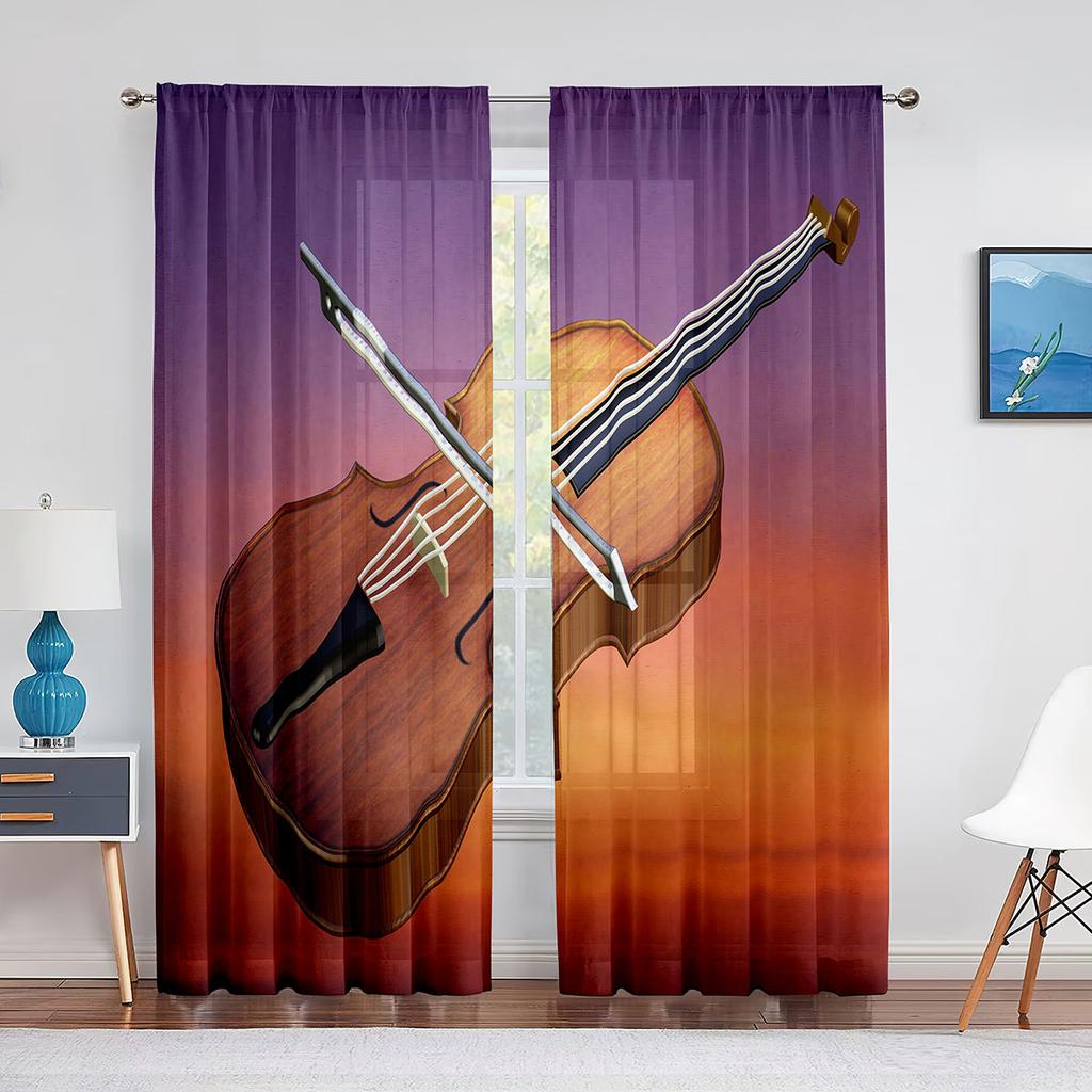 Vintage Fiolin på Trä Skira Voilgardiner för Vardagsrum Sovrum Chiffong Tyllgardiner Kök Fönsterbehandlingar Draperier