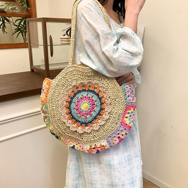 Kadın Moda Dokuma El Çantası Yuvarlak Hasır Dokuma Tote Çanta Tatil Omuz Çantası Büyük Kapasiteli Etnik Stil Seyahat Tatil için
