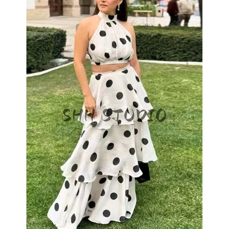 Summer Women's Hanging Collar Sleeveless Dotted Prints Vest Tops + Long Cake Skirt Two-piece Set