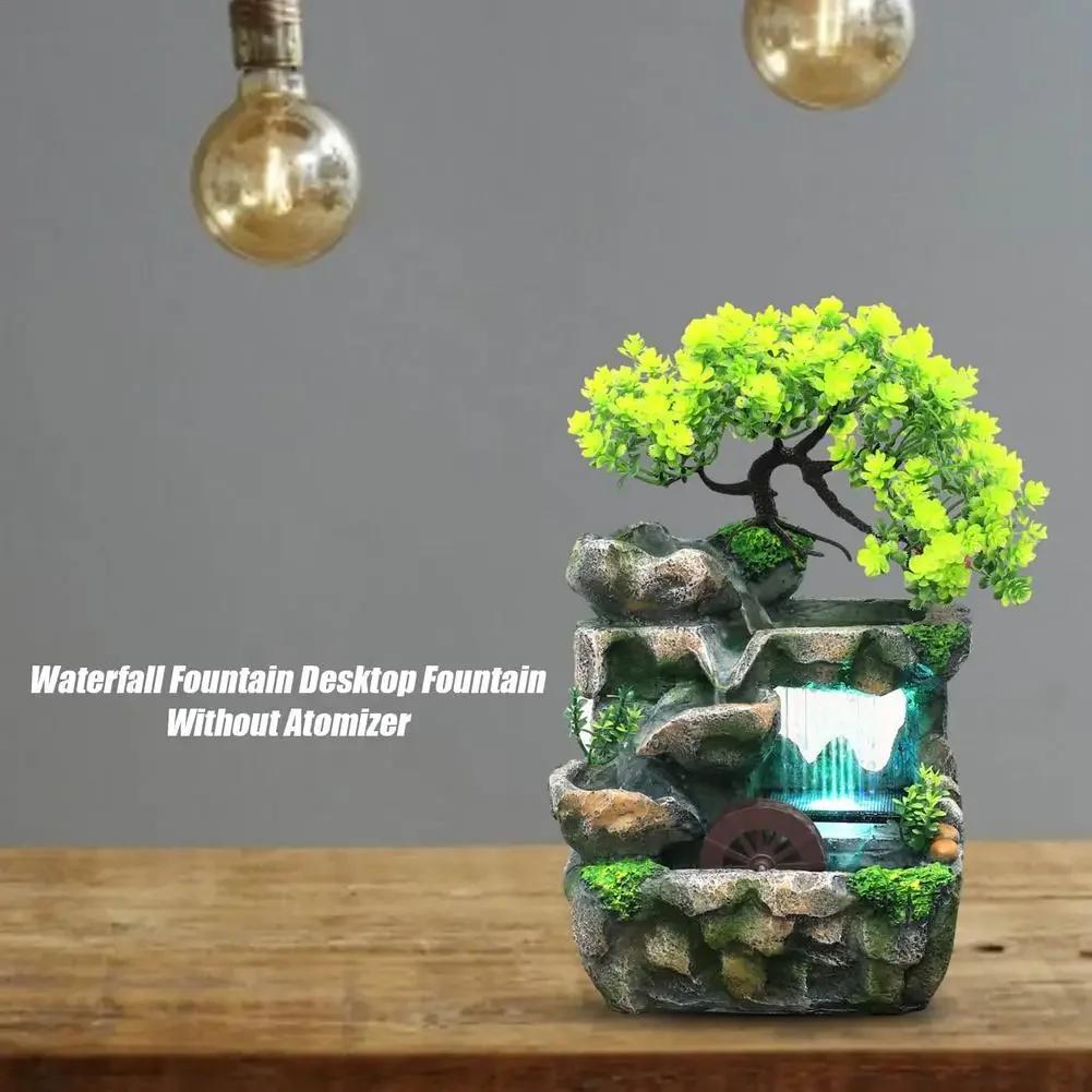 Creative Feng Shui Flowing Water Fountain Desktop Resin Rockery Landscape Waterfall Crafts with 7-Color Led Change Best Gift
