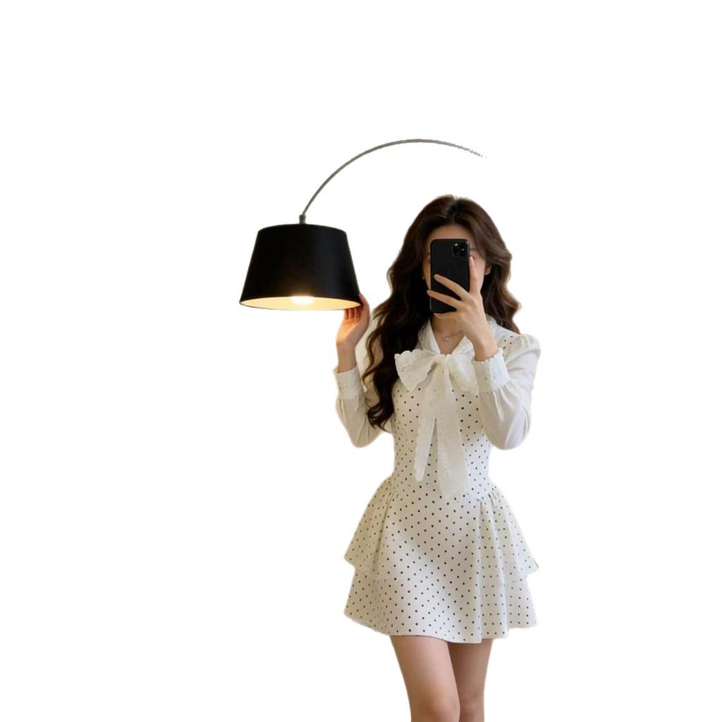 Women's Korean French Retro Polka Dot Patchwork Dress, Spring/Autumn, Waist-Cinched, Long Sleeve, Short Skirt.